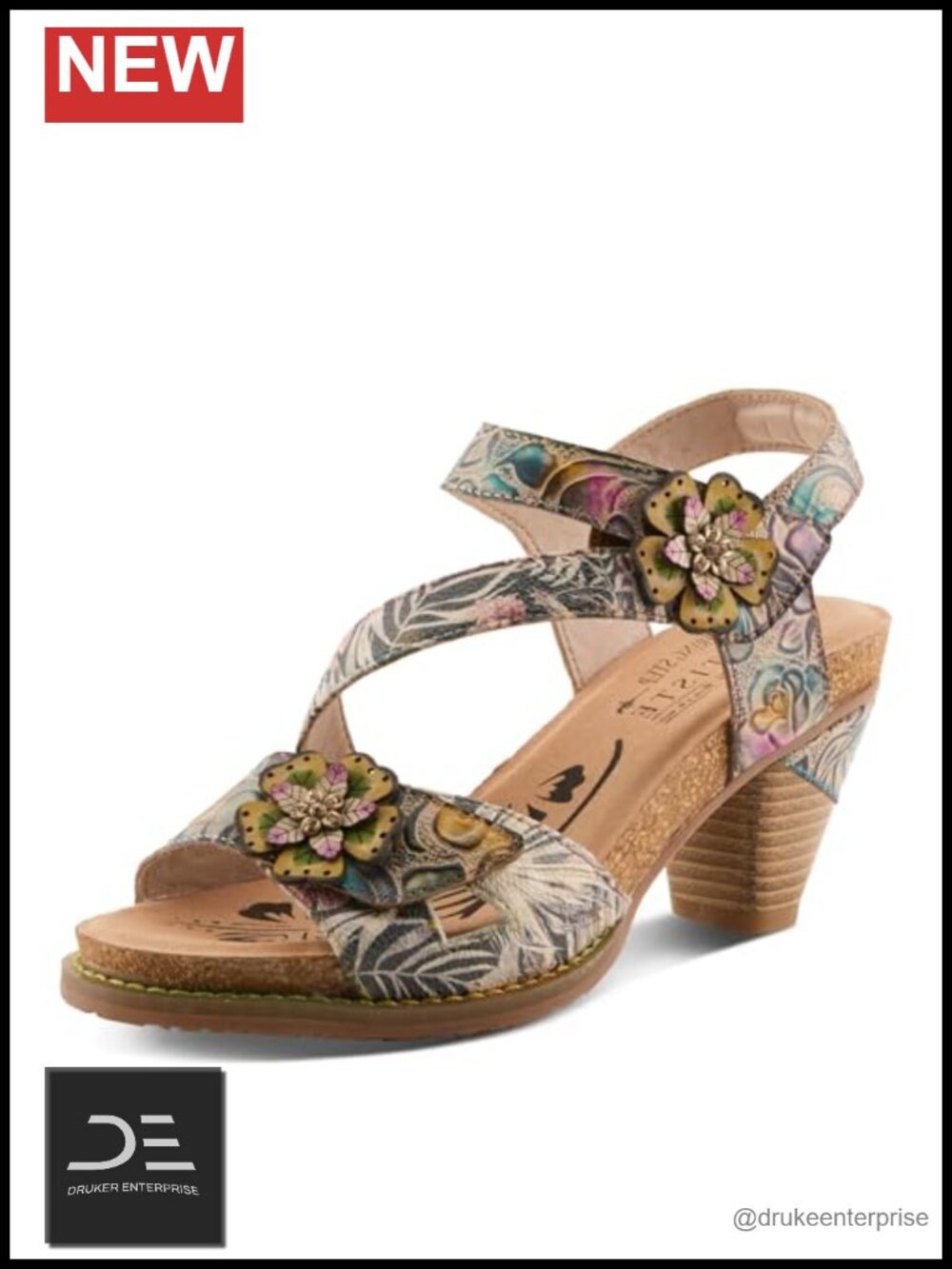 Embossed Leather Sandals with Cork Footbed, Hook-and-Loop Straps